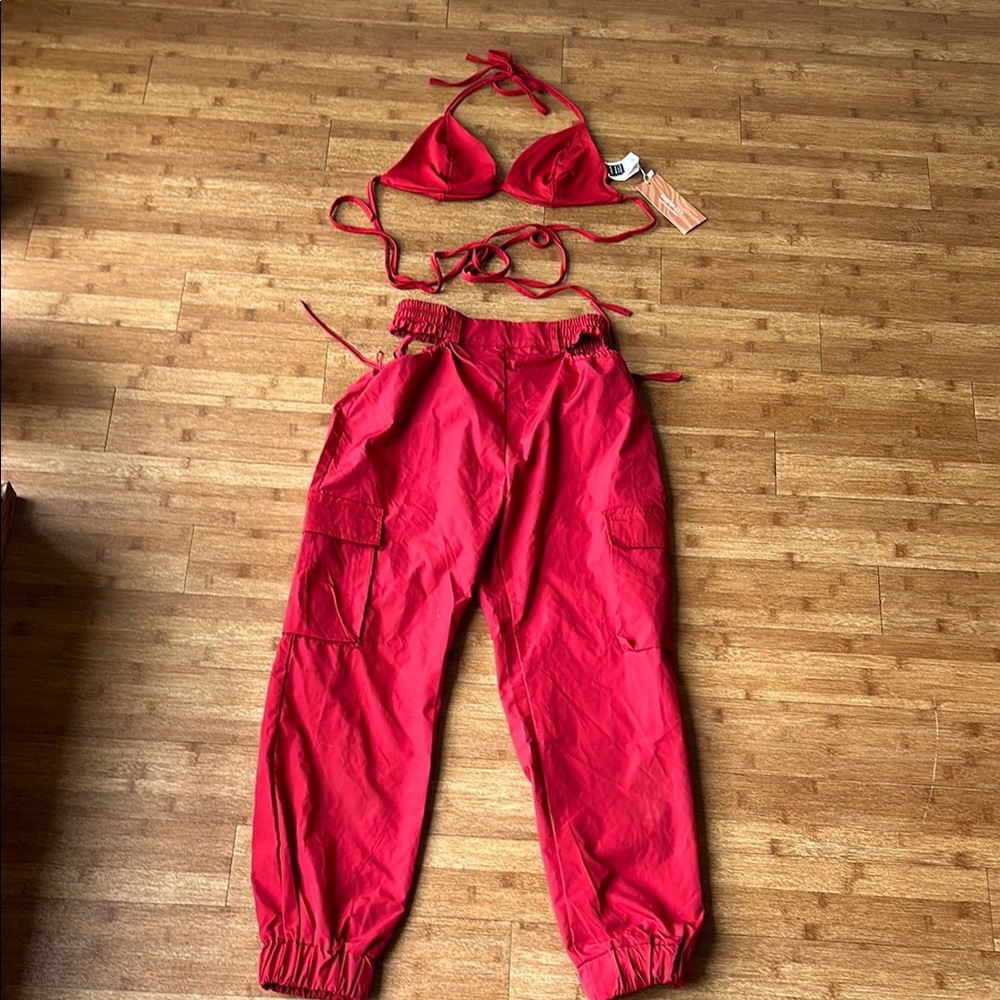 New SHEIN Red Track Pants with Drawstring Waist